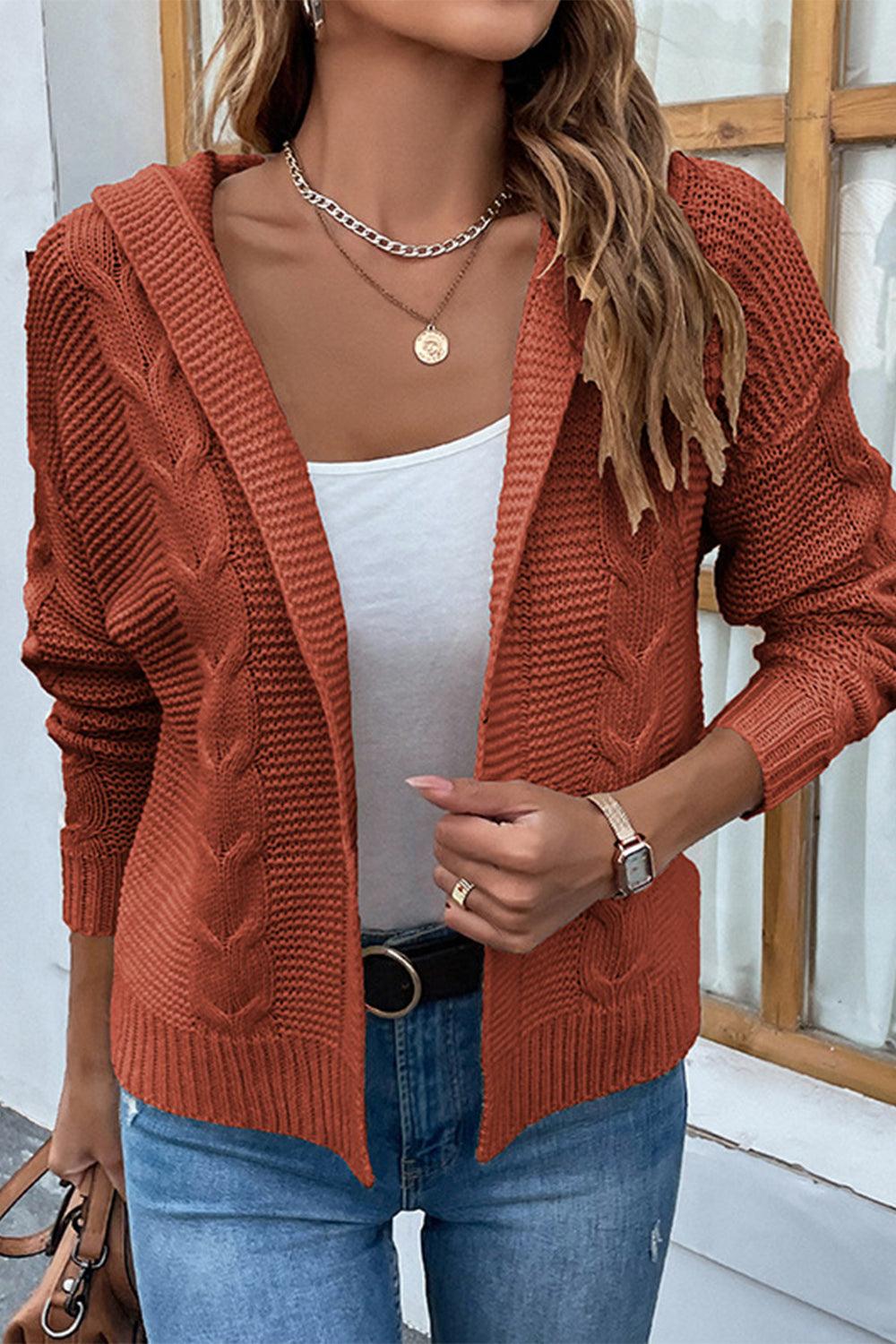 Cable-Knit Dropped Shoulder Hooded Cardigan - Cardigan