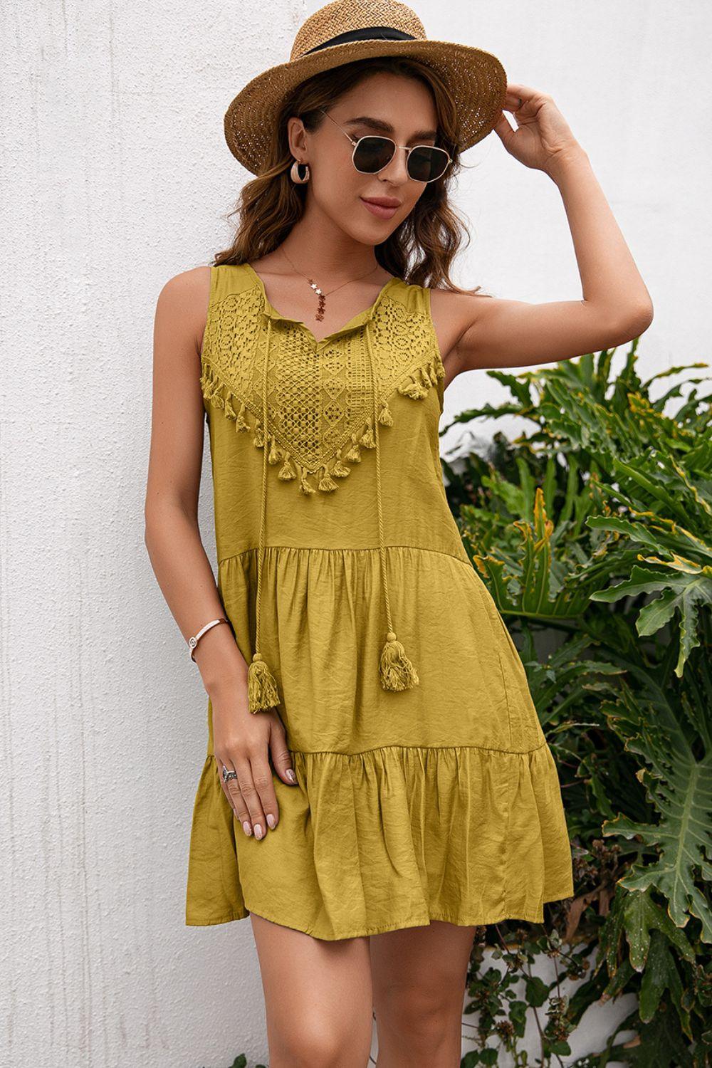 Tassel Tie Lace Trim Sleeveless Tiered Mini Dress - Dresses