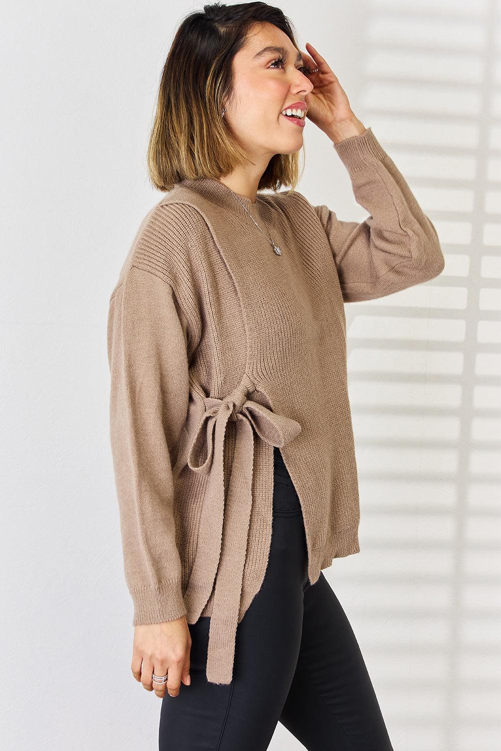 Slit Tied Dropped Shoulder Sweater - Sweater