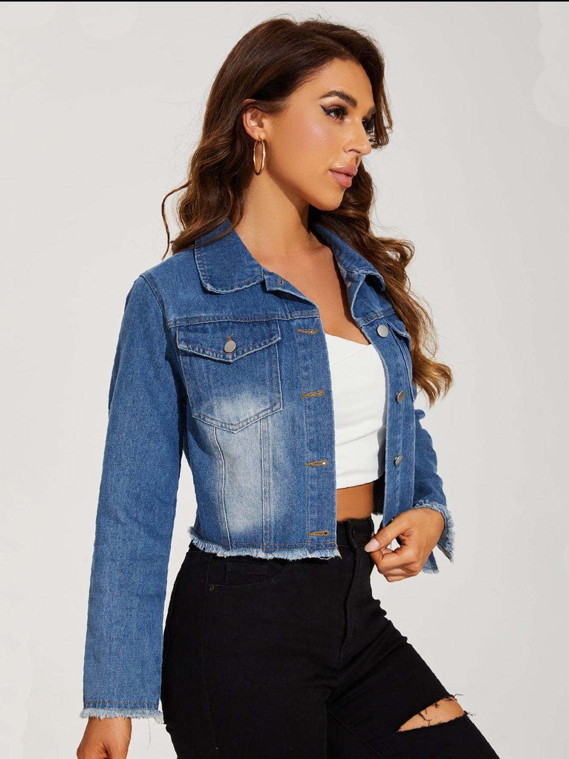 Collared Neck Raw Hem Cropped Denim Jacket - Jacket