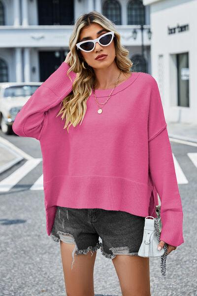 High-Low Slit Round Neck Sweater - Sweater