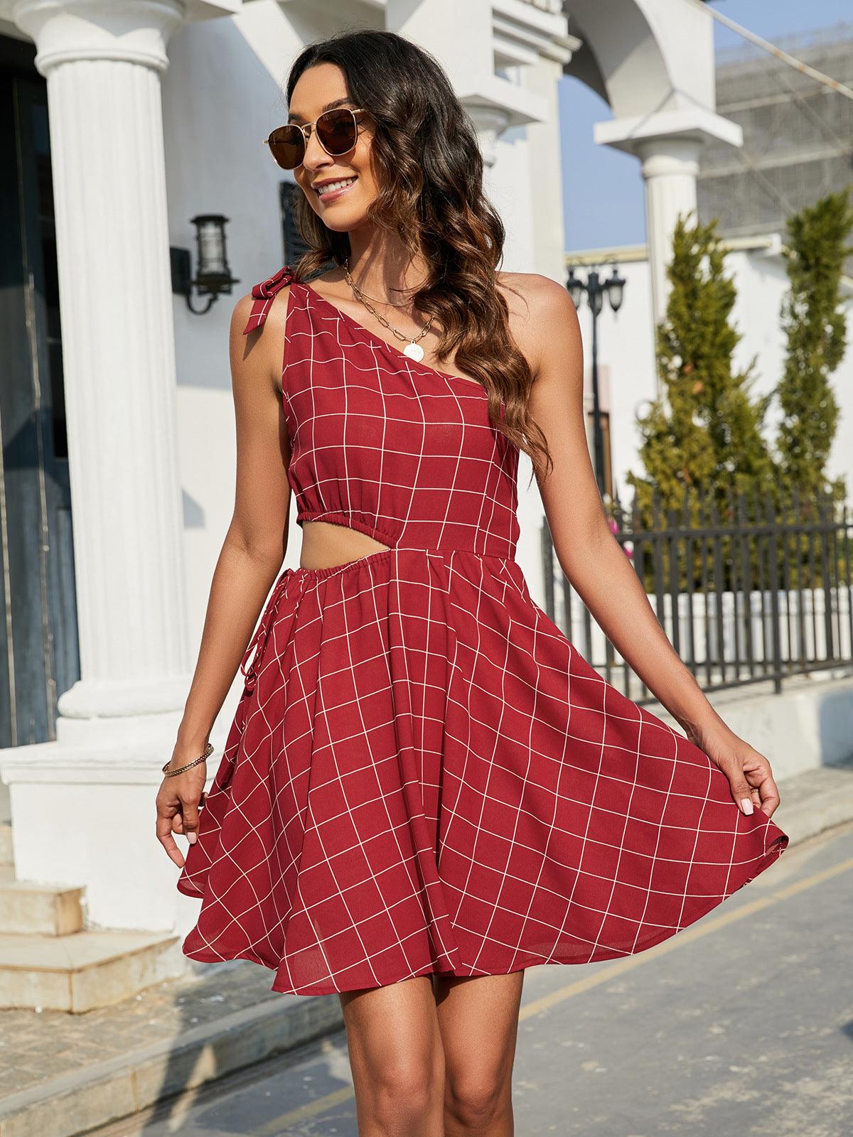 Plaid One-Shoulder Tied Cutout Mini Dress - Dresses