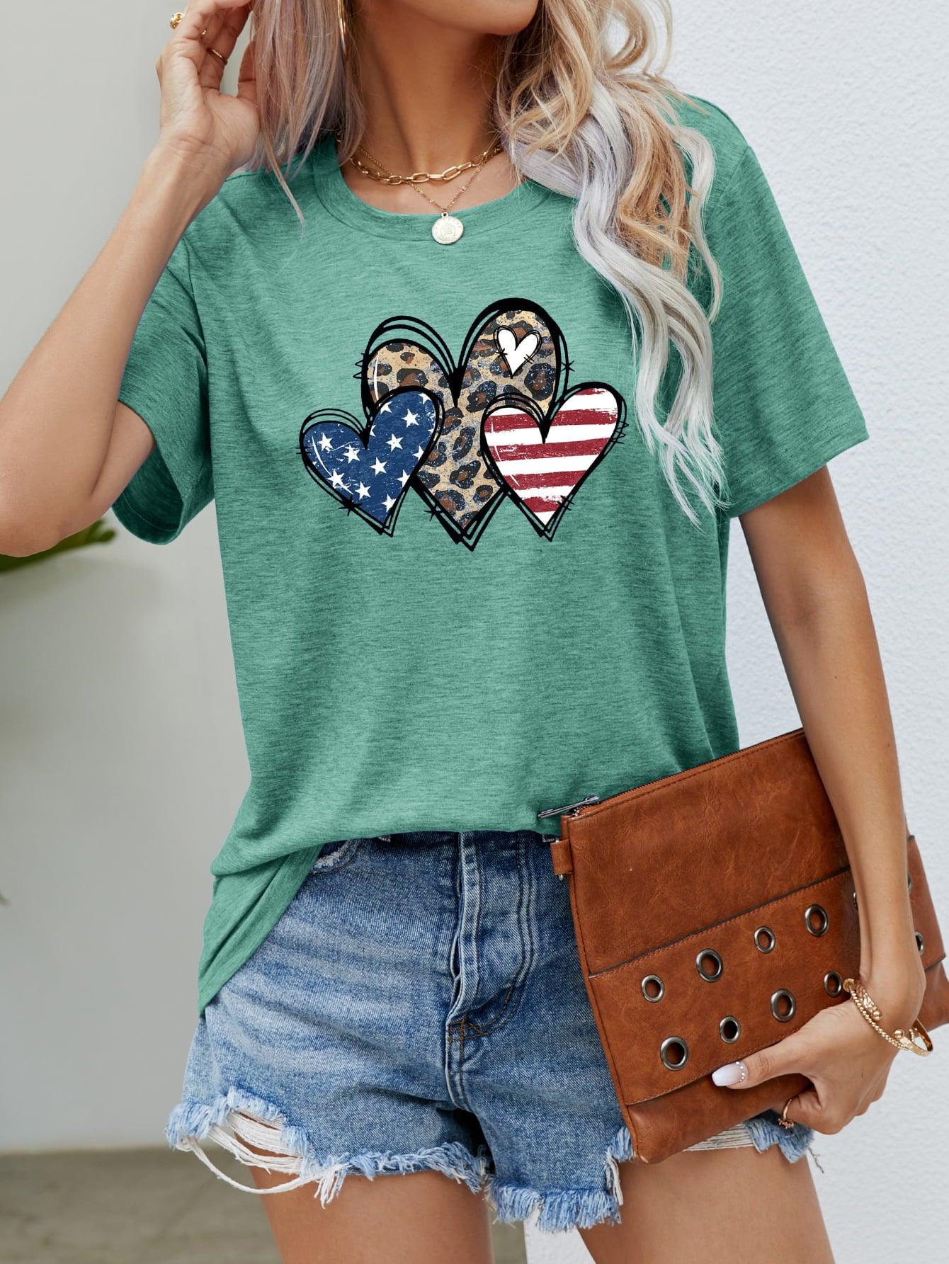 US Flag Leopard Heart Graphic T-Shirt - T-Shirt