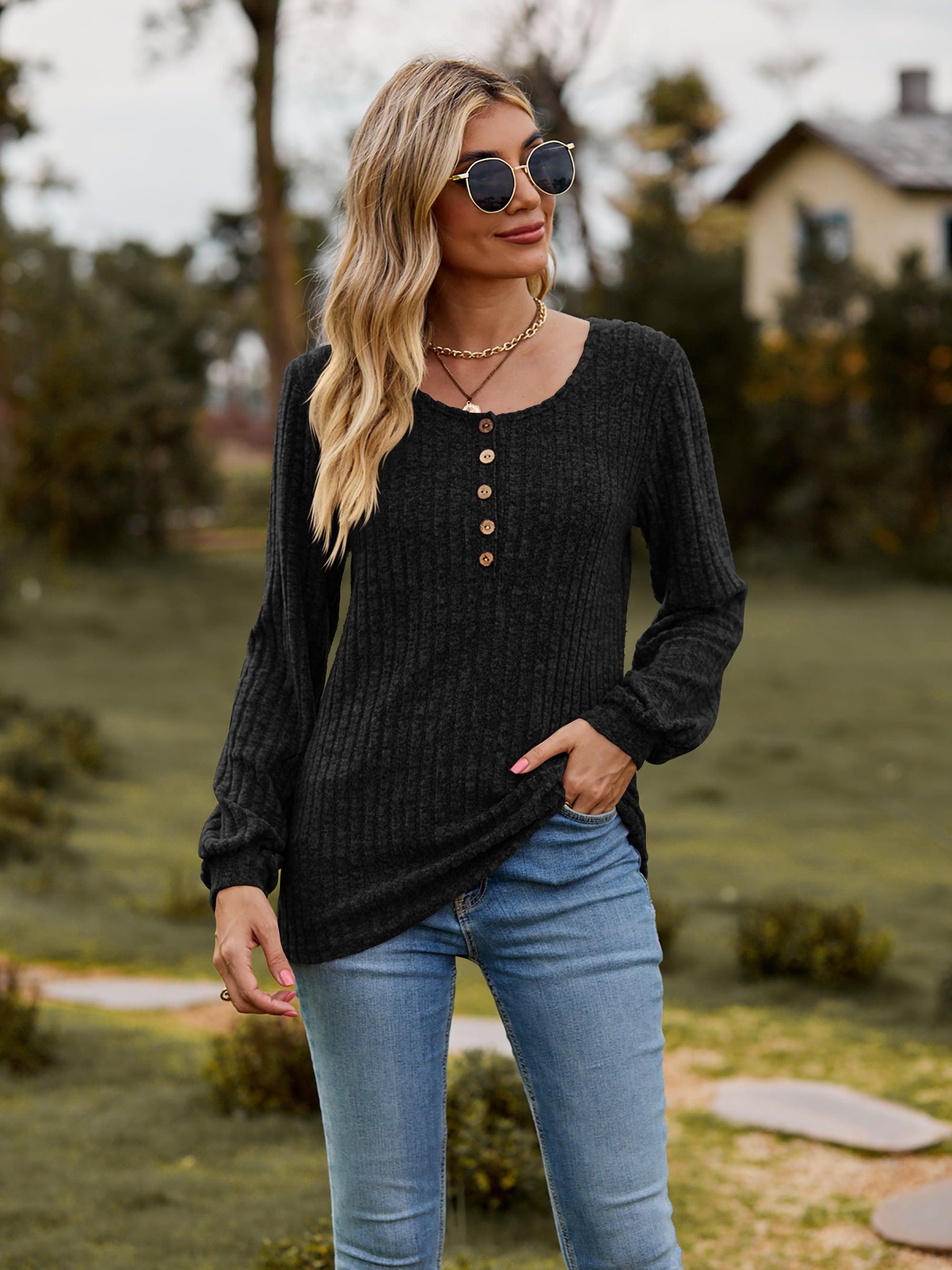 Scoop Neck Button-Down Long Sleeve Top - Top