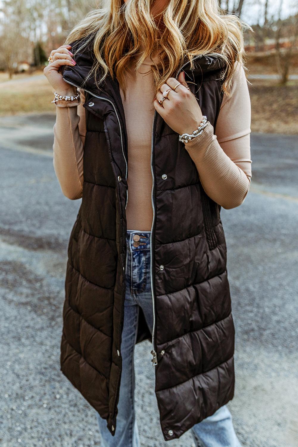 Longline Hooded Sleeveless Puffer Vest - Vest