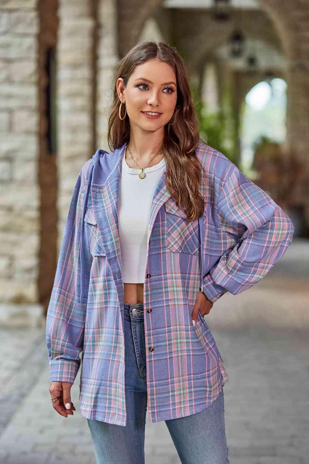 Plaid Long Sleeve Hooded Shacket - Jacket