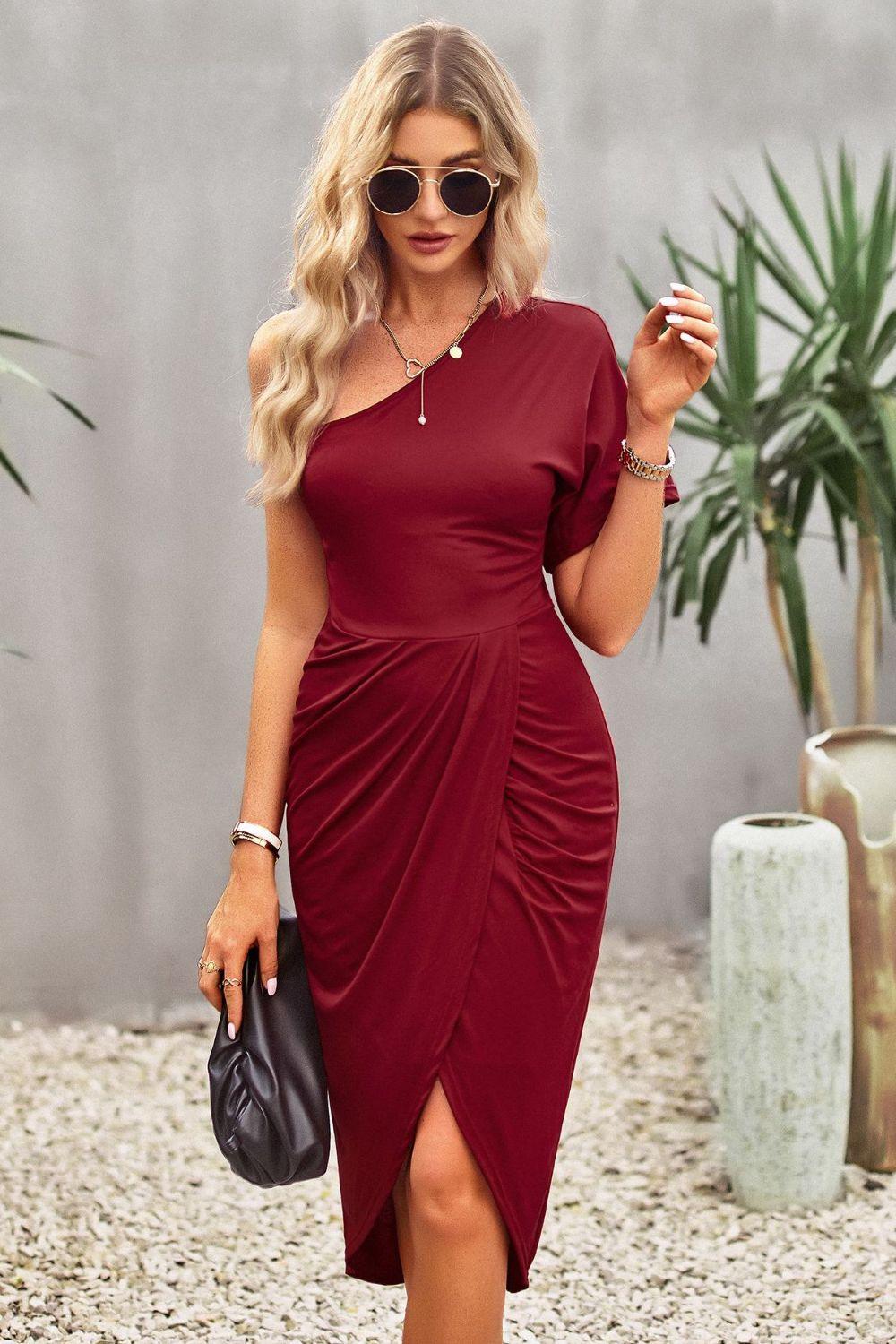 Ruched One-Shoulder Tulip Hem Knee Length Dress - Dresses