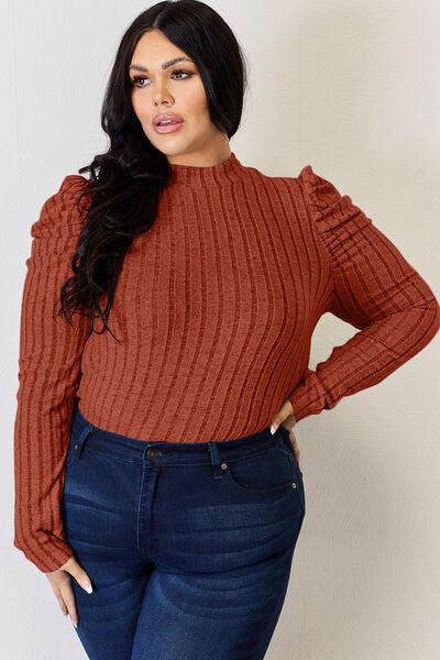 Basic Bae Full Size Ribbed Mock Neck Puff Sleeve Top - Top