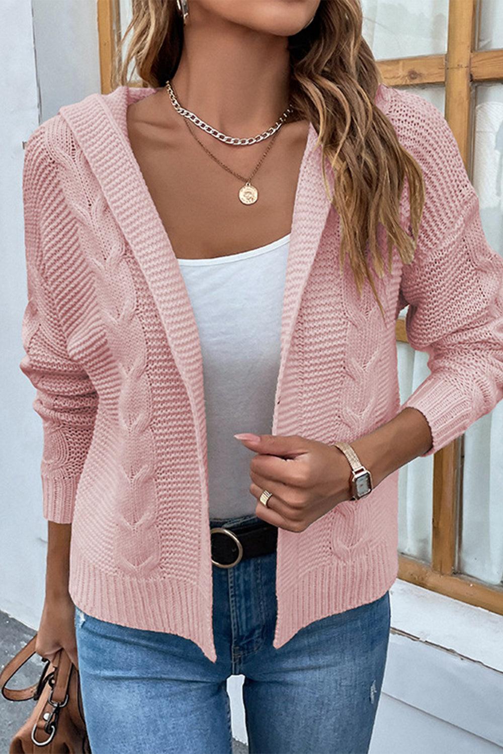 Cable-Knit Dropped Shoulder Hooded Cardigan - Cardigan