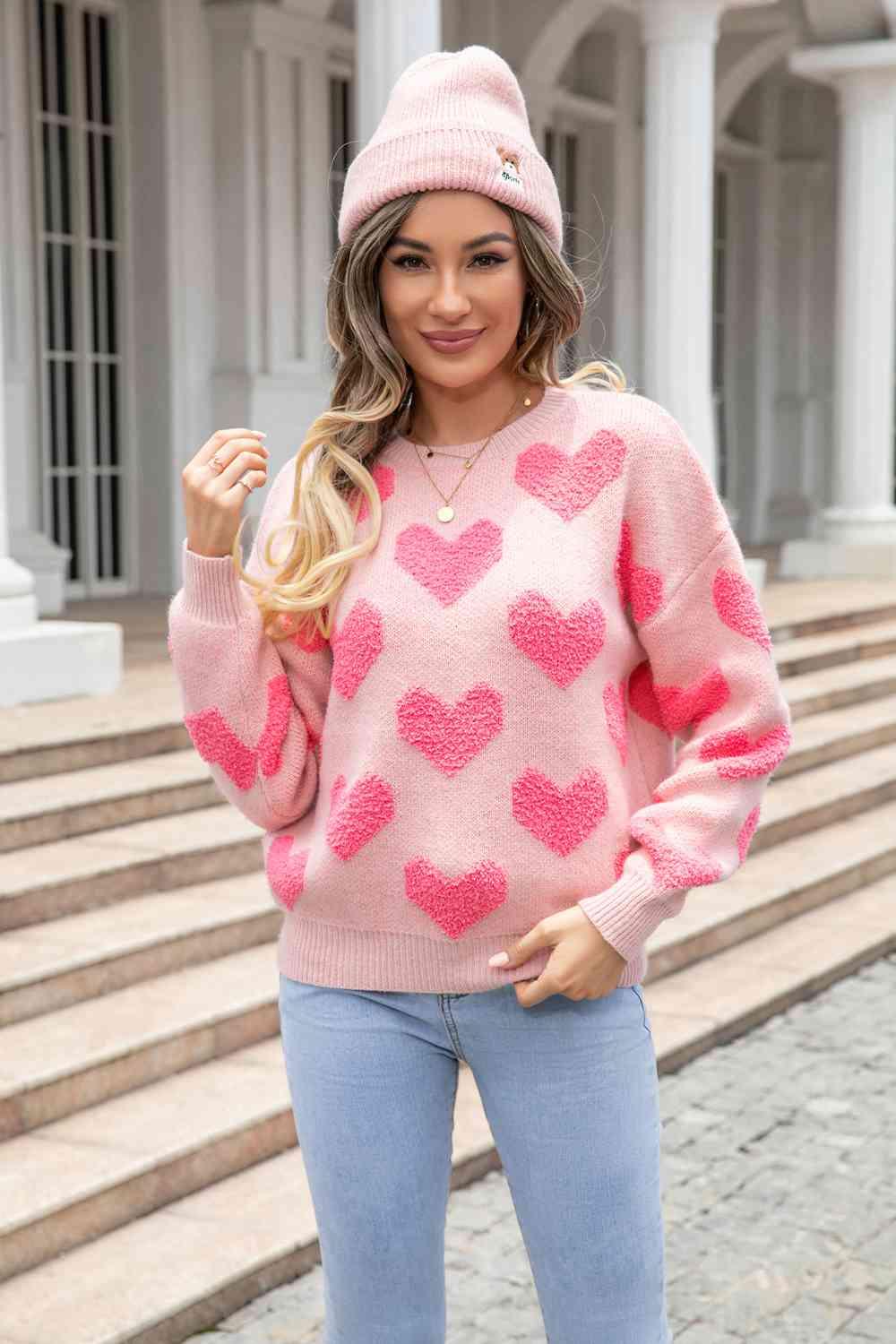 Heart Pattern Dropped Shoulder Sweater - Sweater