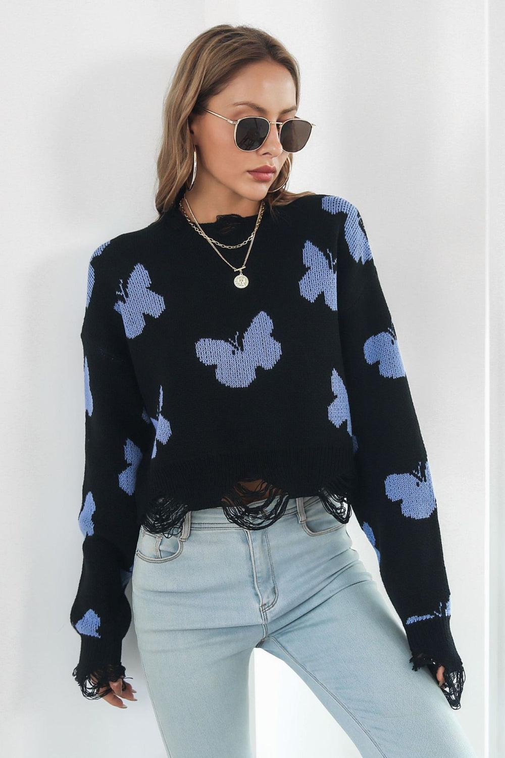 Butterfly Cropped Distressed Ribbed Sweater - Sweater