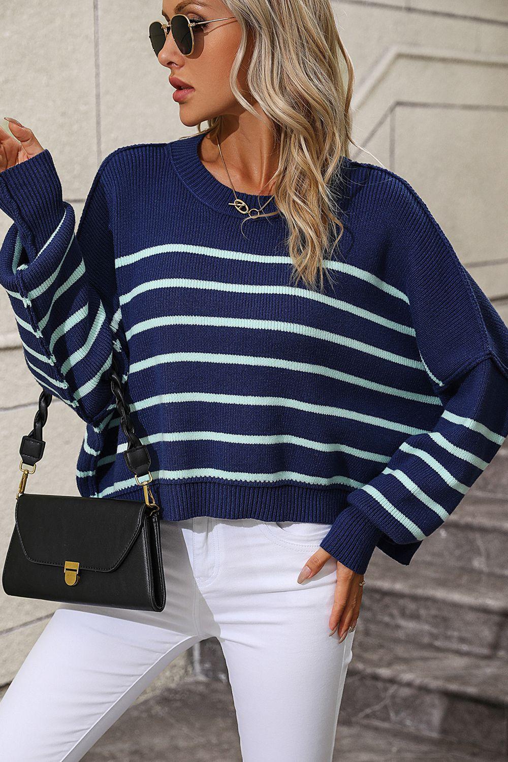 Striped Dropped Shoulder Round Neck Sweater - Sweater