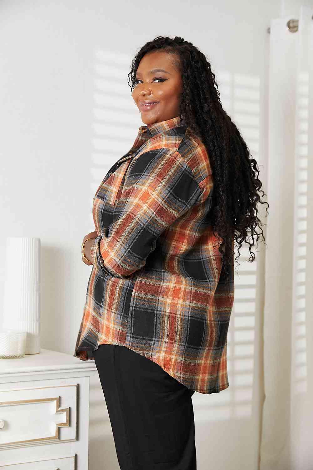 Double Take Plaid Dropped Shoulder Shacket - Shirt