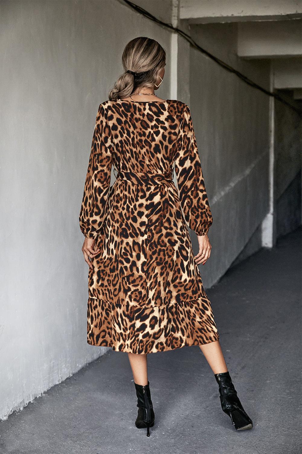 Animal Print Belted Midi Dress - Dresses