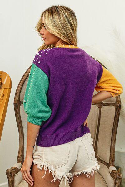 BiBi Color Block Pearl Detail Sweater - Sweater