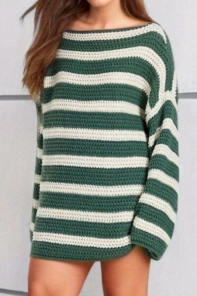 Striped Round Neck Dropped Shoulder Sweater - Sweater