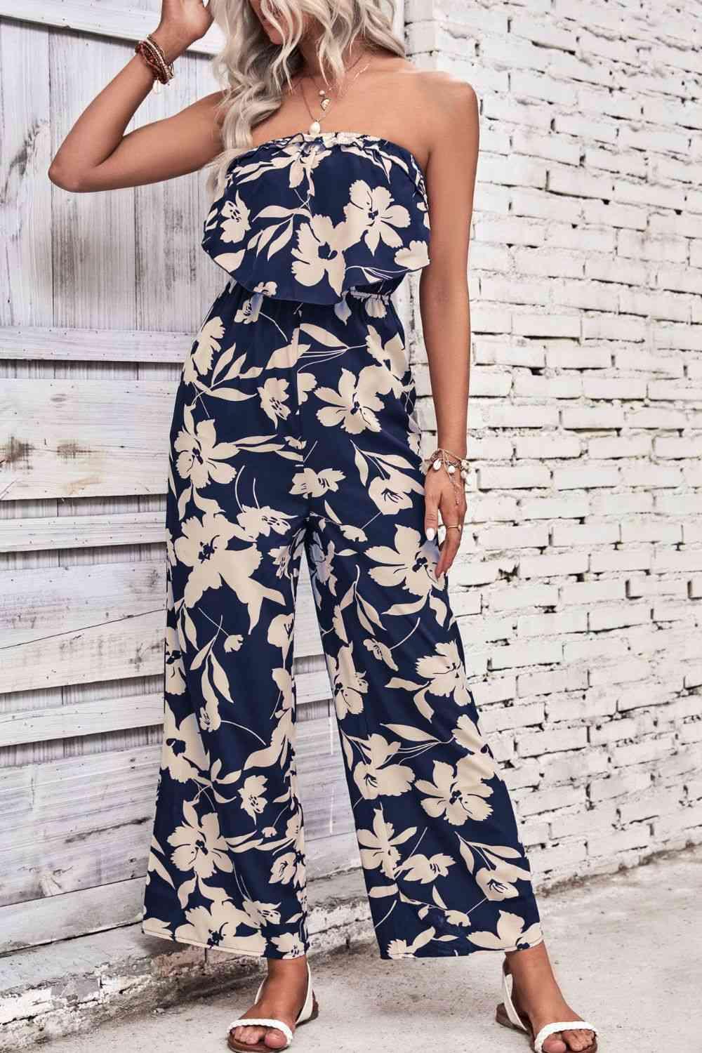 Floral Strapless Wide Leg Jumpsuit - Jumpsuit