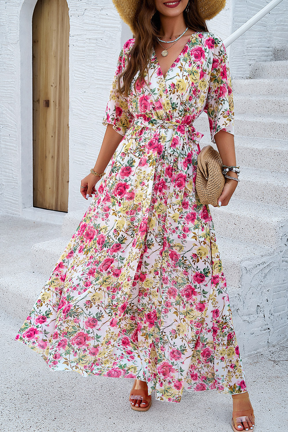 Printed Tied Half Sleeve Slit Maxi Dress