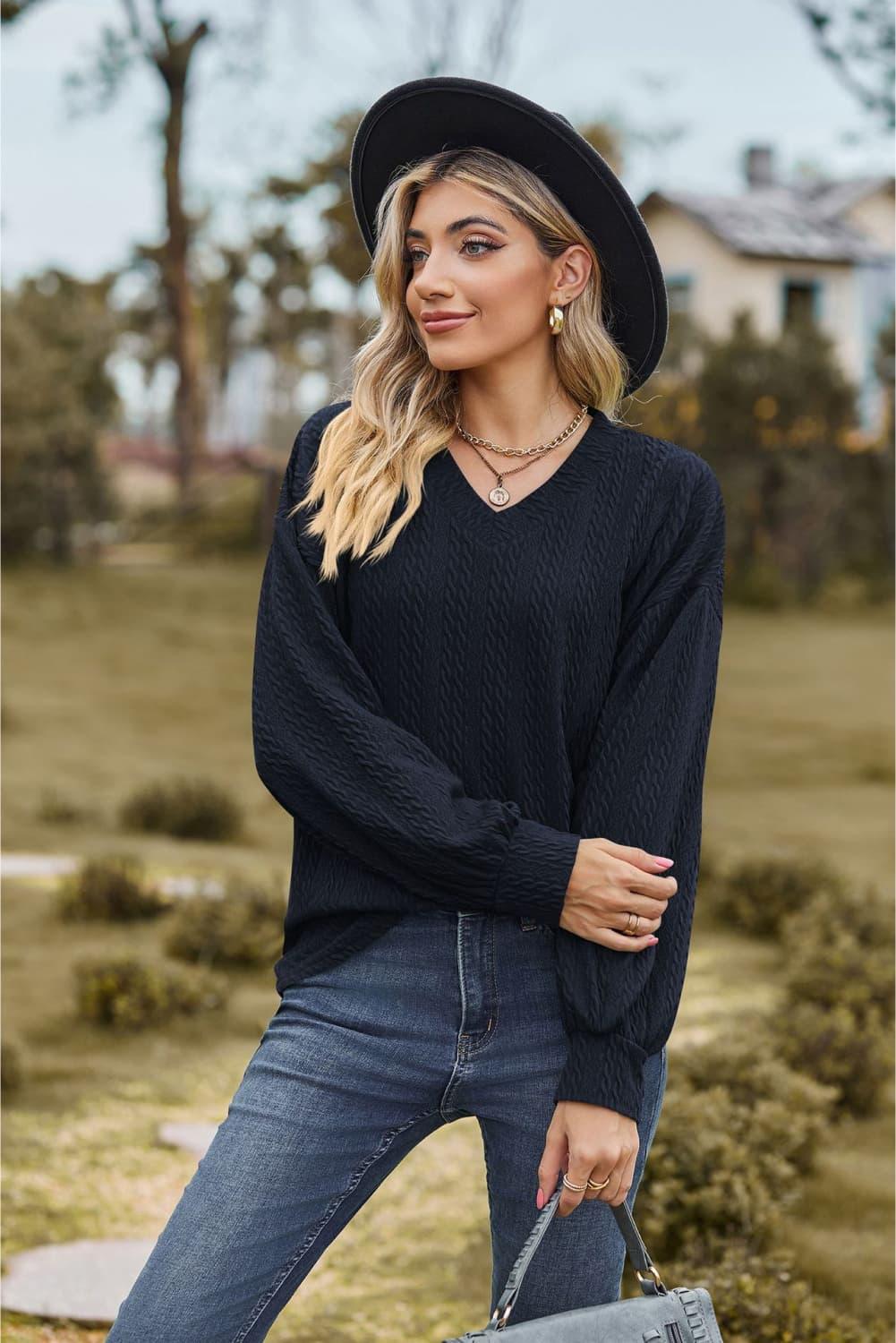 V-Neck Dropped Shoulder Long Sleeves Top - Top