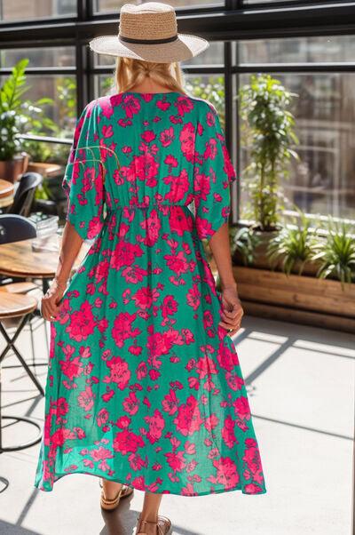 Slit Floral V-Neck Short Sleeve Midi Dress - Dresses