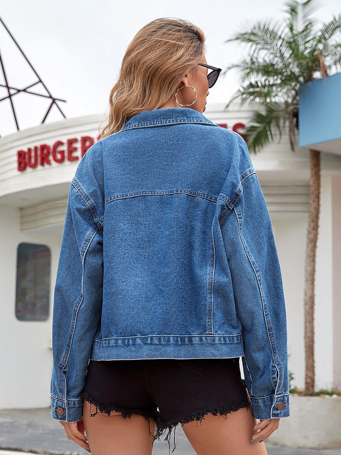 Dropped Shoulder Denim Jacket with Pockets - Jacket