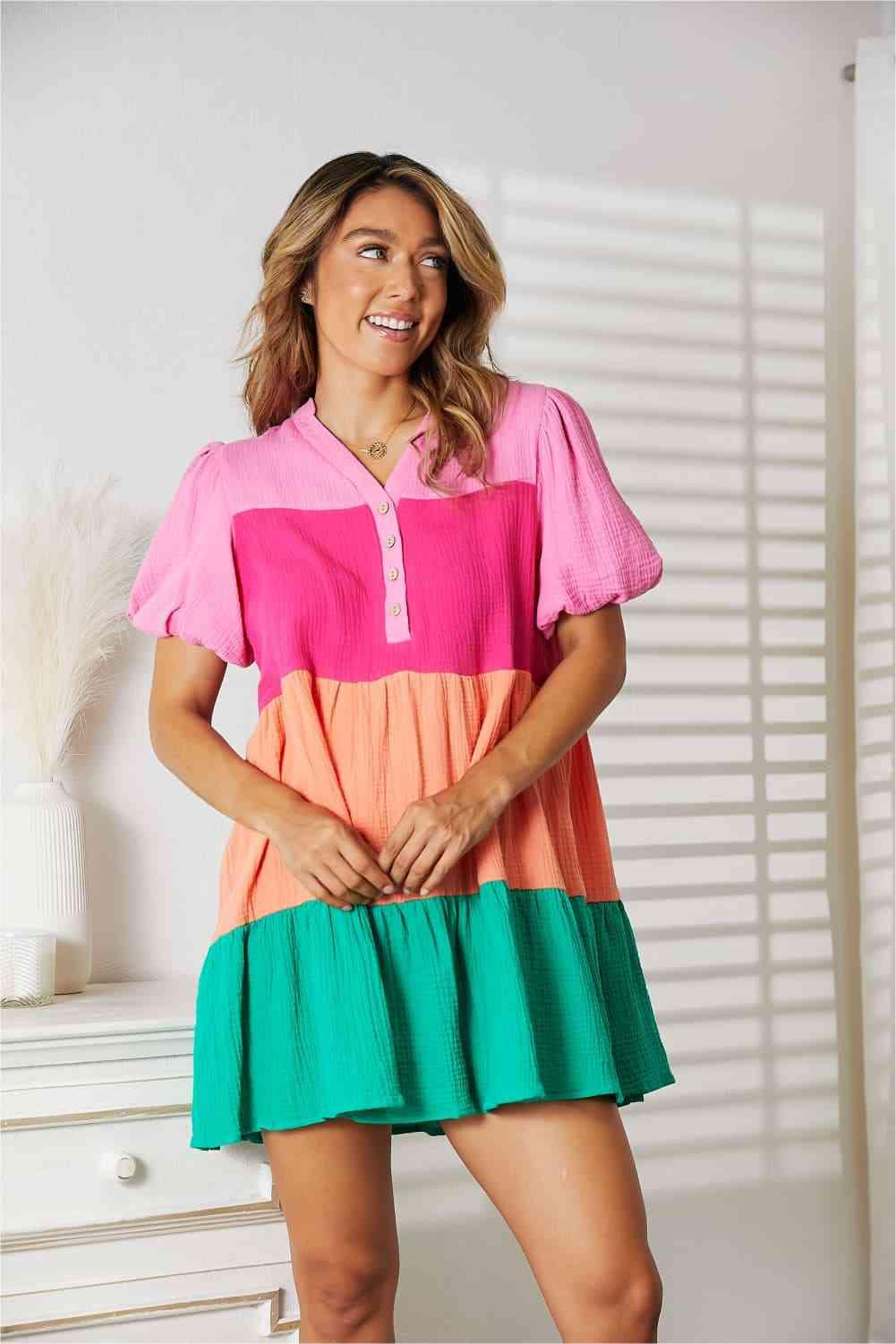 Double Take Color Block Buttoned Puff Sleeve Dress - Dresses