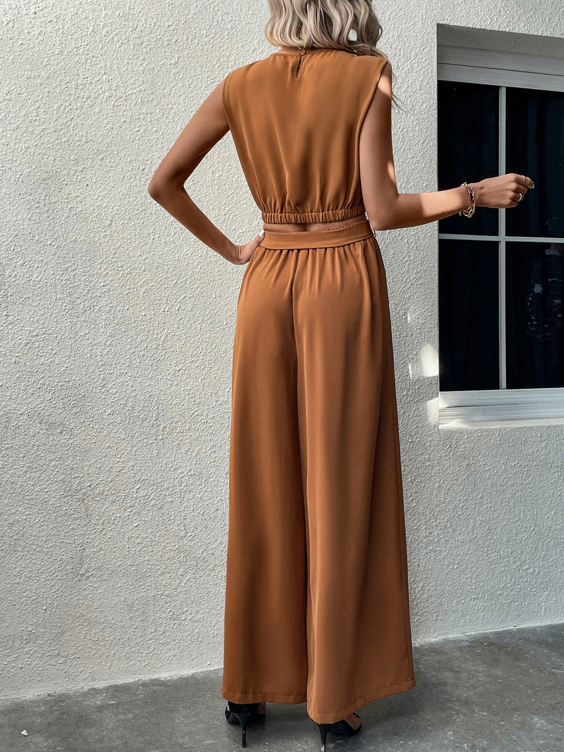 Sleeveless Drawstring Top and Wide Leg Pants Set