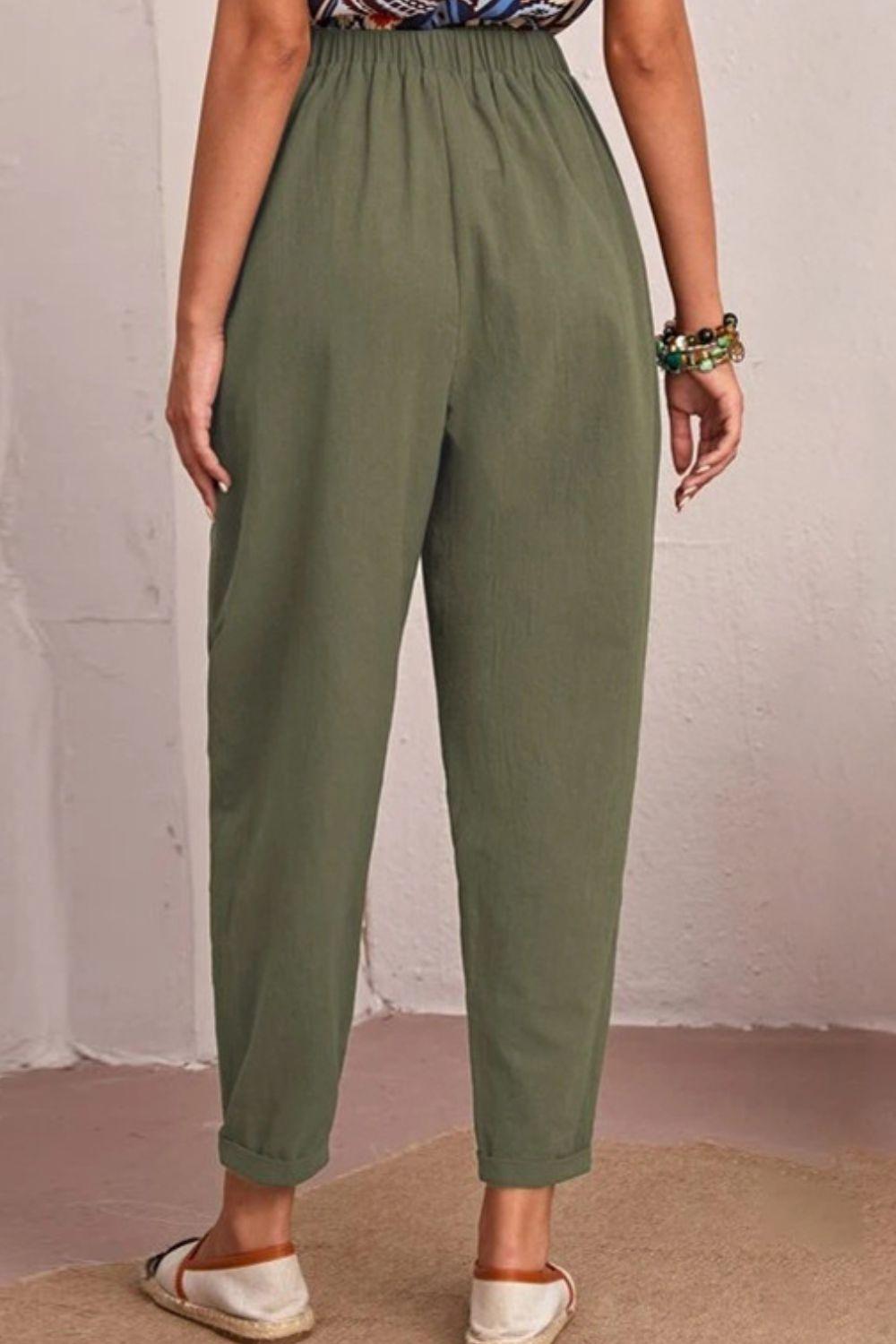 Cropped Elastic High Waist Pocket Tapered Pants - Pant