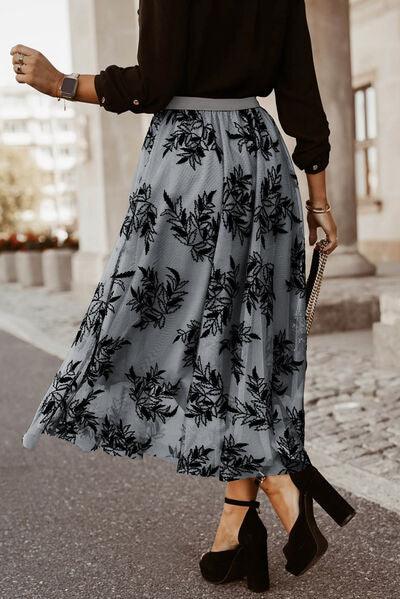 Floral Embroidered High Waist Chiffon Midi Skirt - Skirt