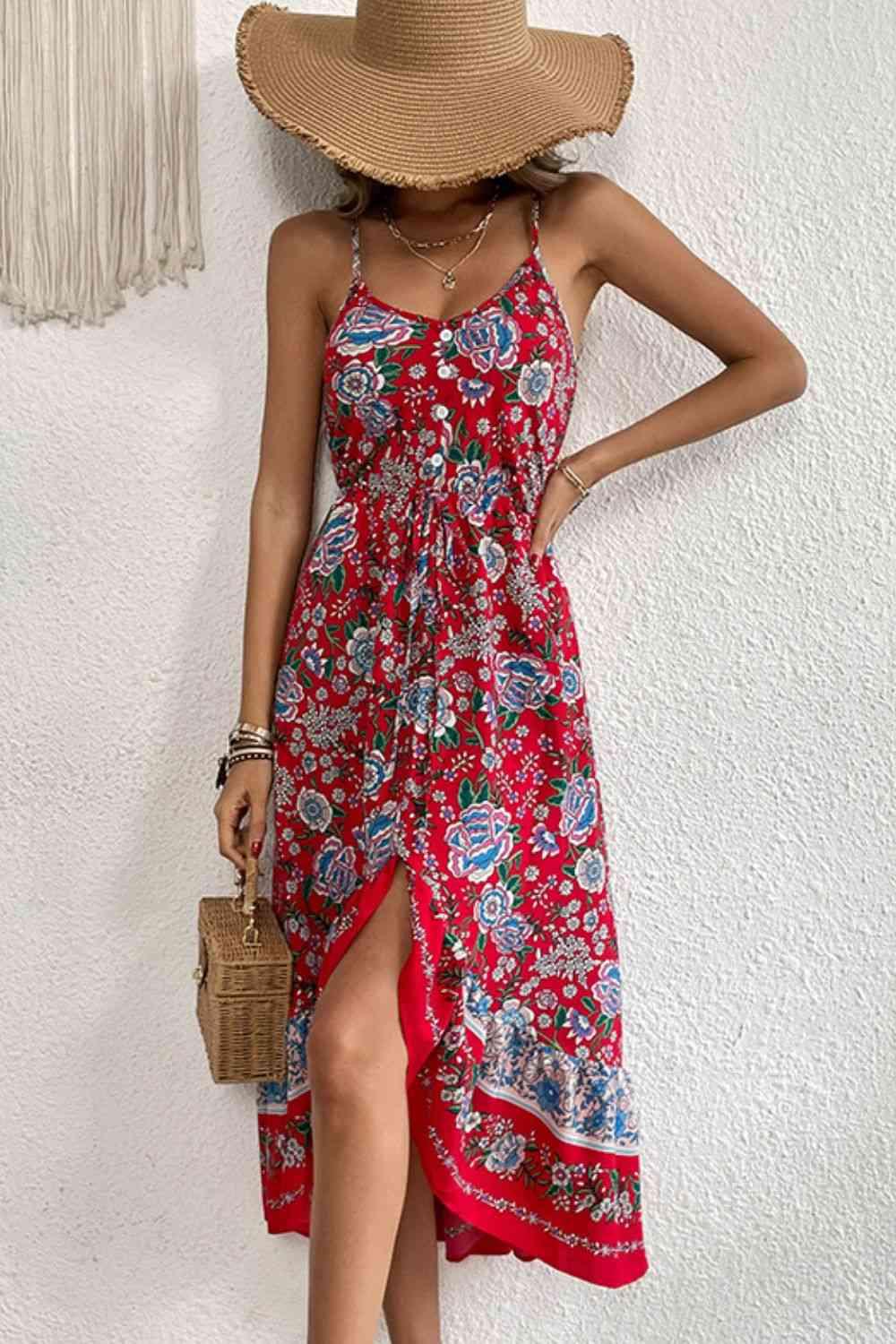 Bohemian Decorative Button Spaghetti Strap Dress - Dresses