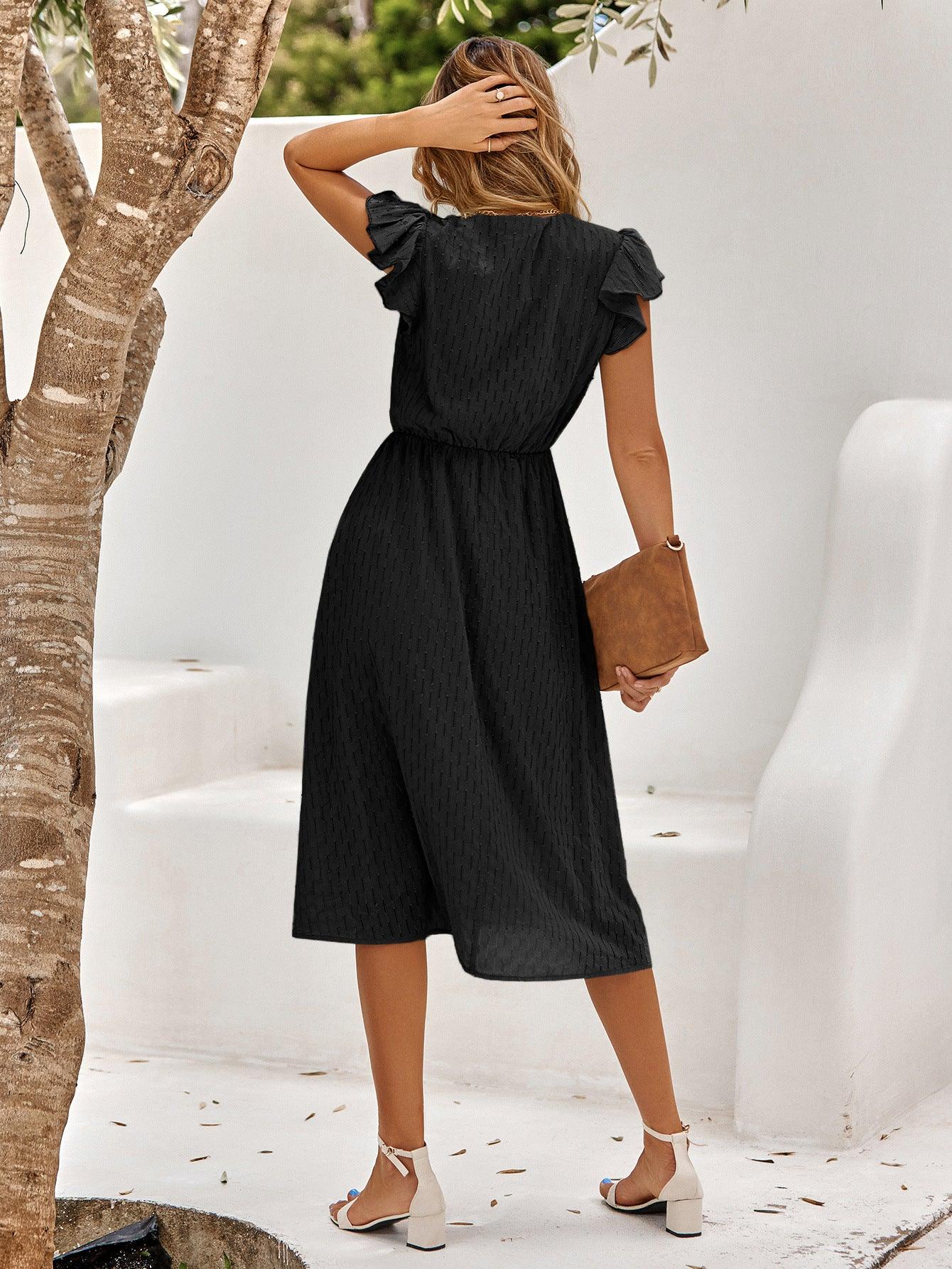 V-Neck Flutter Sleeve Midi Dress - Dresses