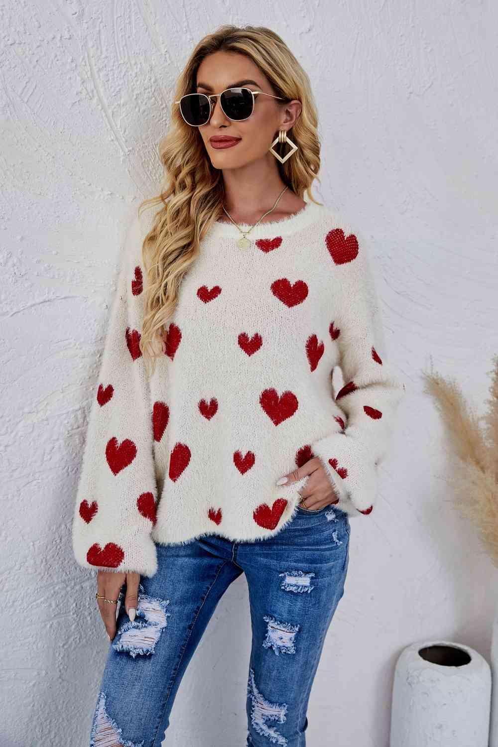 Woven Right Heart Print Fuzzy Sweater - Sweater