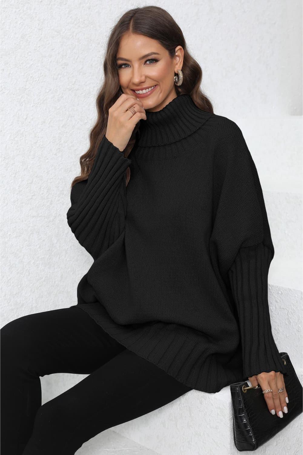 Turtle Neck Long Sleeve Ribbed Sweater - Sweater