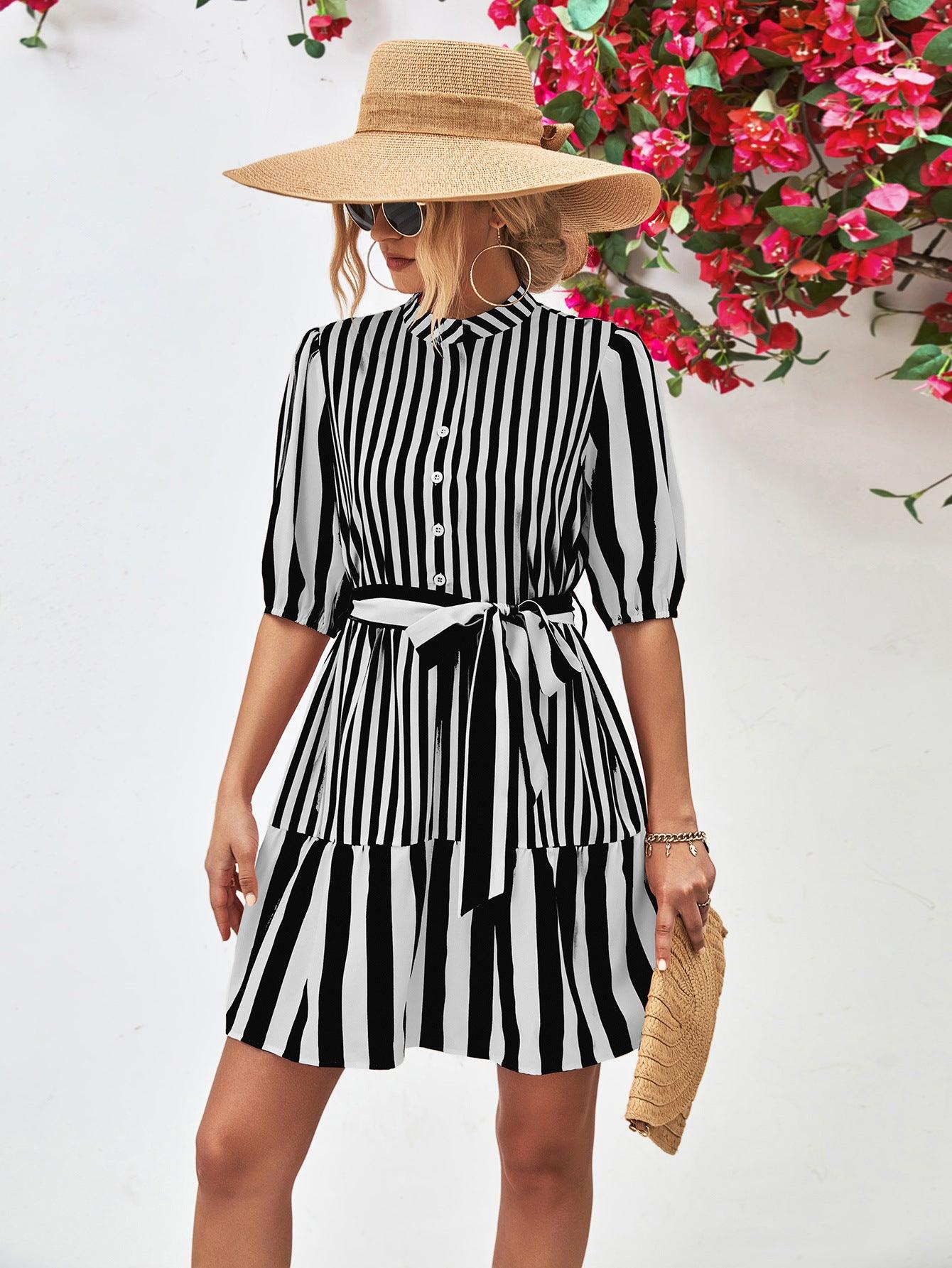 Striped Half Sleeve Tie Waist Mini Dress - Dresses