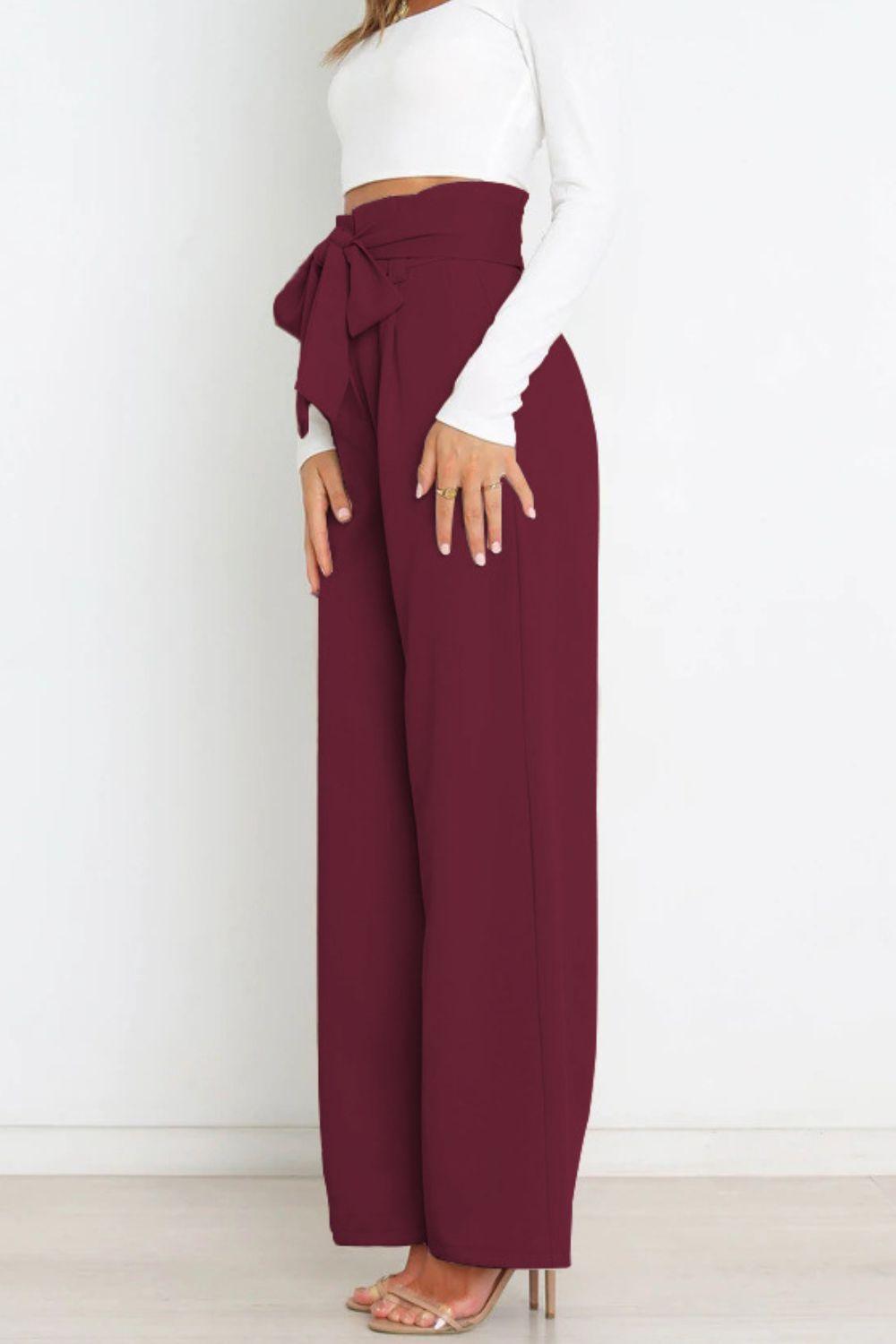 Tie Front Paperbag Wide Leg Pants - Pant