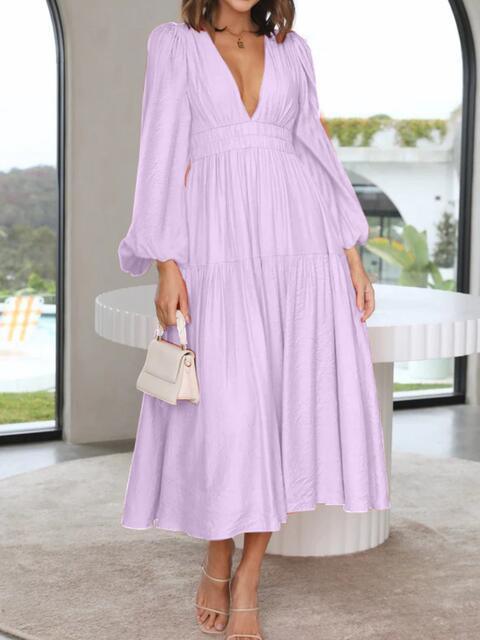 Deep V-Neck Balloon Sleeve Maxi Dress - Dresses