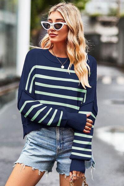 Striped Cropped Pullover Sweater - Sweater