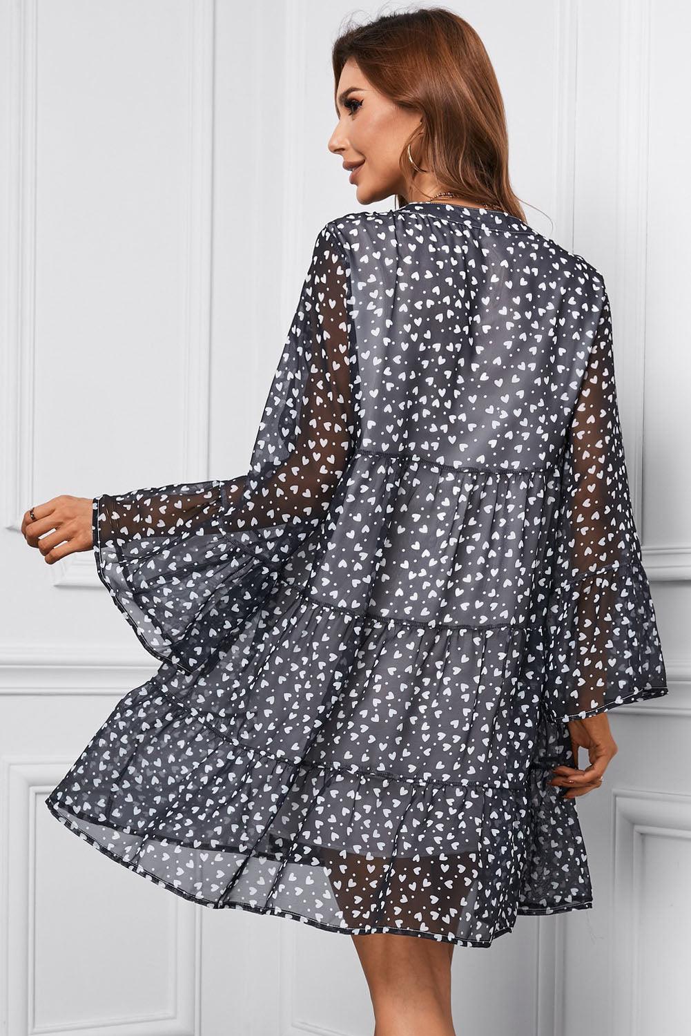 Printed Notched Neck Flare Sleeve Tiered Mini Dress - Dresses