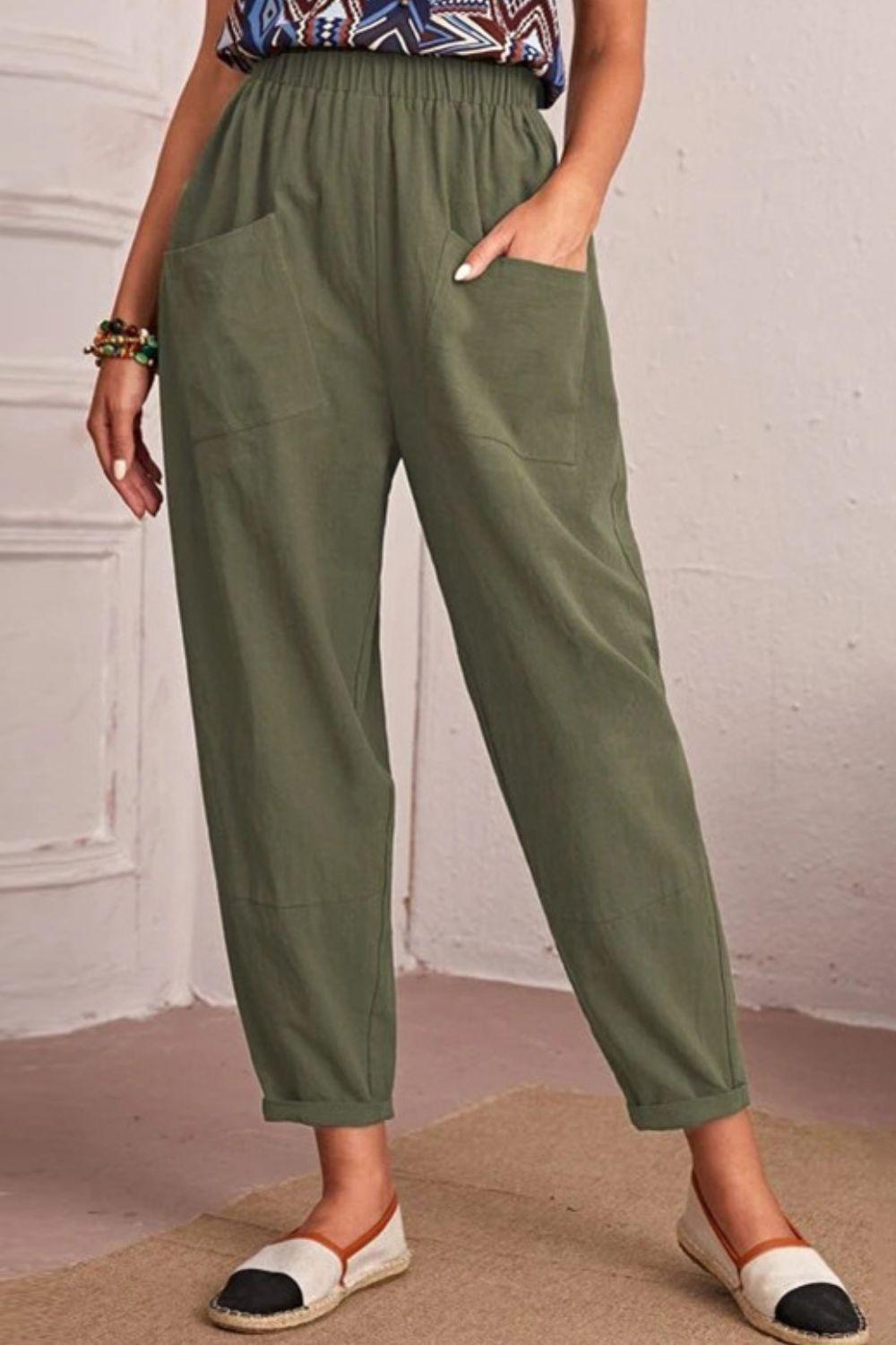 Cropped Elastic High Waist Pocket Tapered Pants - Pant