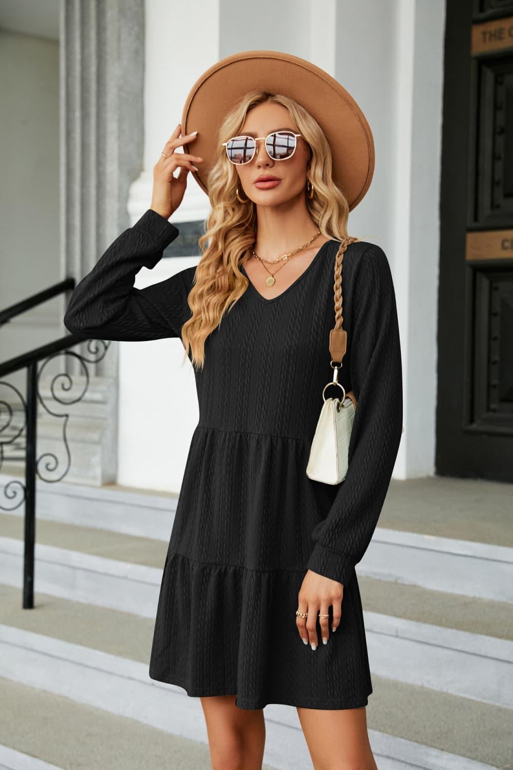 V-Neck Long Sleeve Tiered Mini Dress - Dresses