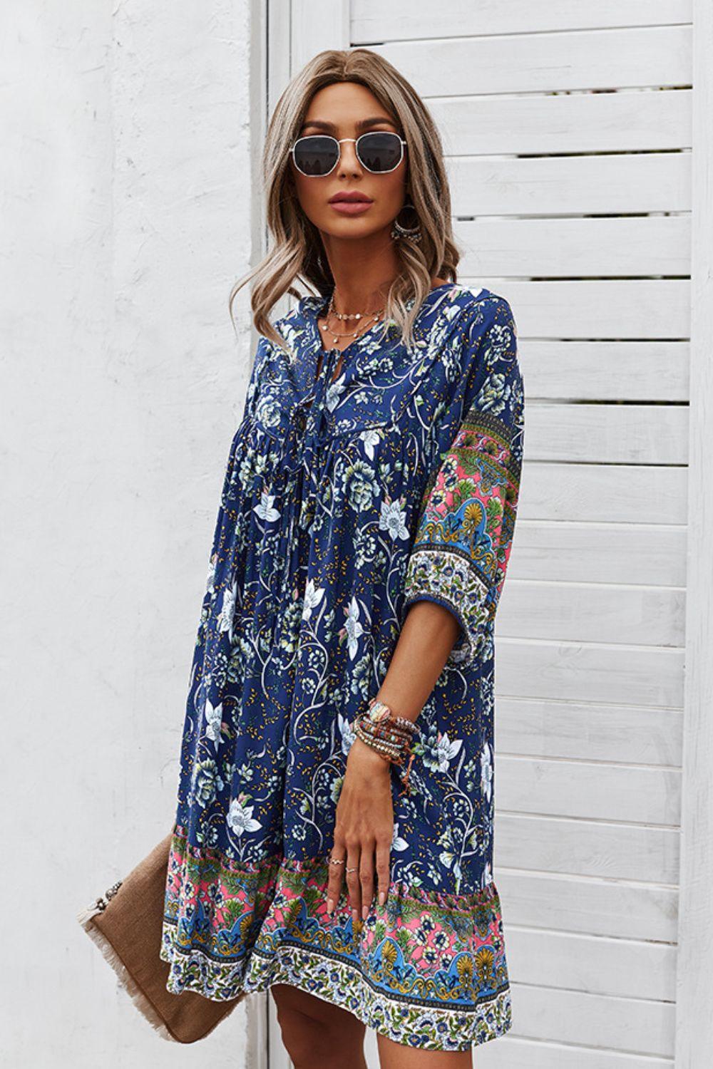 Bohemian Floral Tie Neck 3/4 Sleeve Short Tiered Dress - Dresses