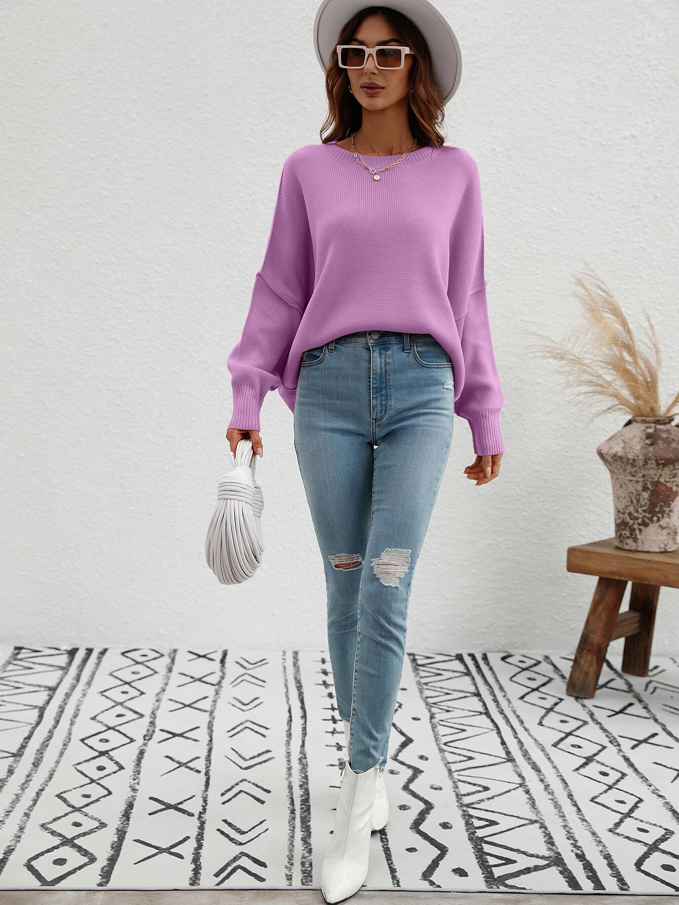 Exposed Seam Dropped Shoulder Slit Sweater - Sweater