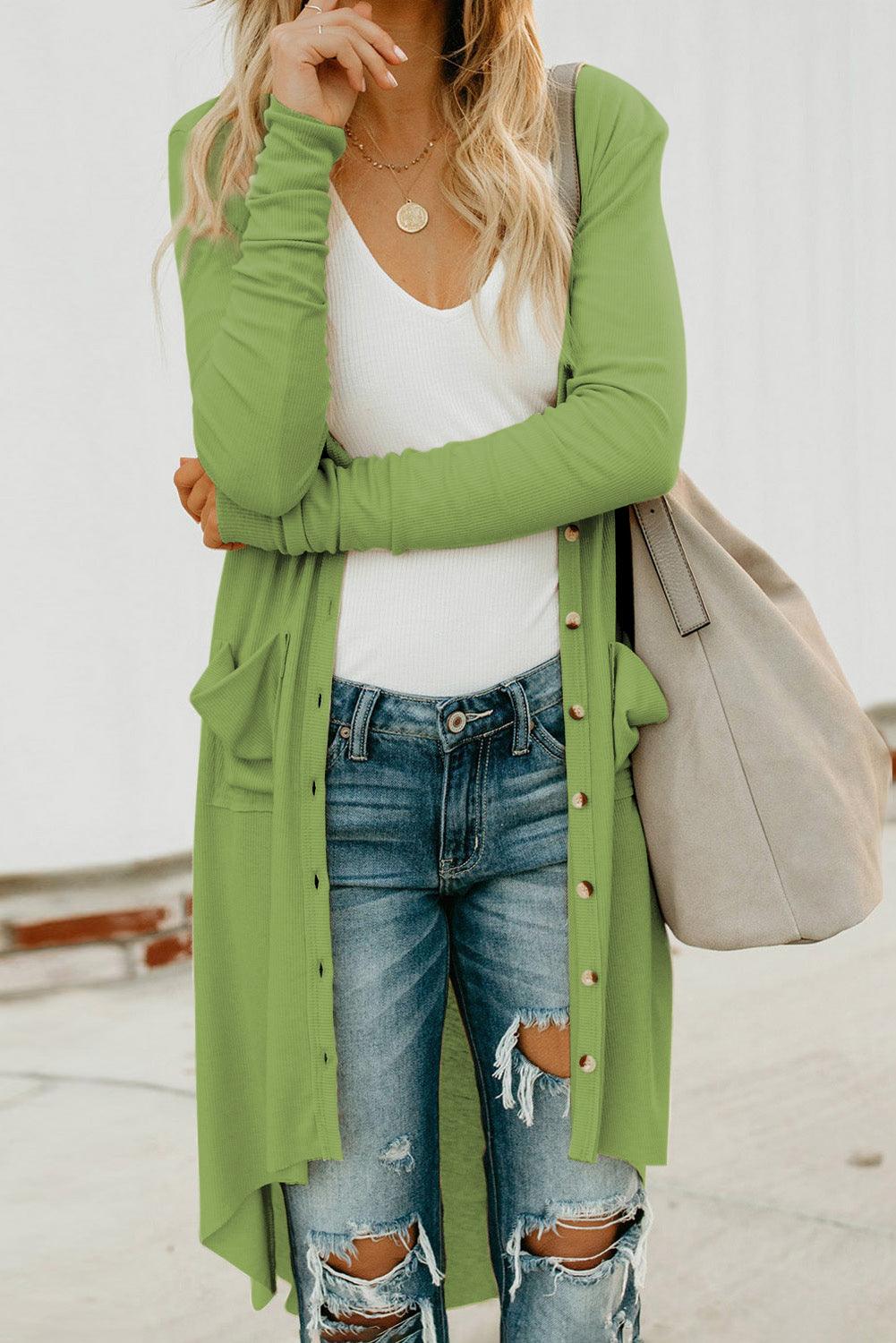 Buttoned V-Neck Long Sleeve Cardigan with Pockets - Cardigan