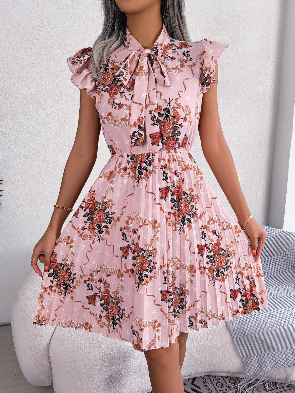 Pleated Floral Printed Tie Neck Knee Length Dress - Dresses