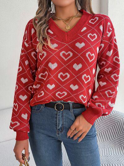 Heart Pattern V-Neck Long Sleeve Sweater - Sweater