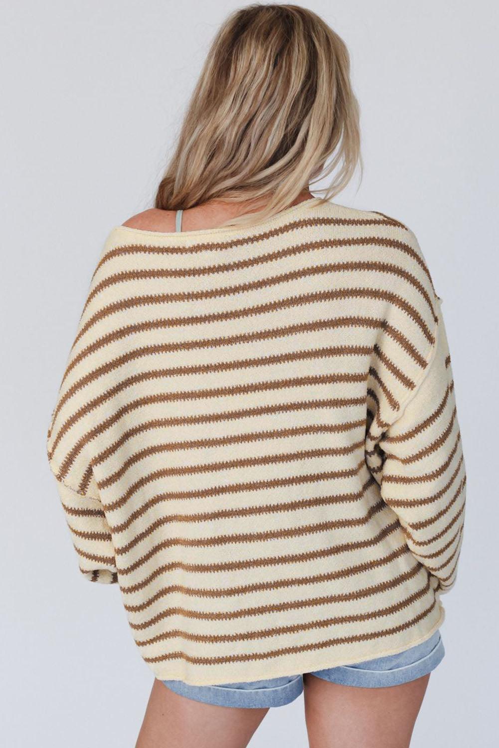 Striped Boat Neck Long Sleeve Sweater - Sweater