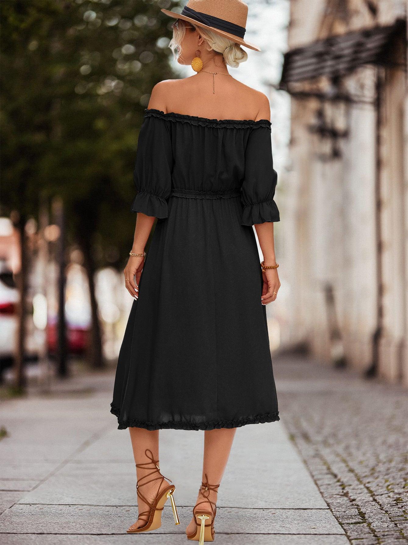 Frilled Off-Shoulder Flounce Sleeve Midi Dress - Dresses