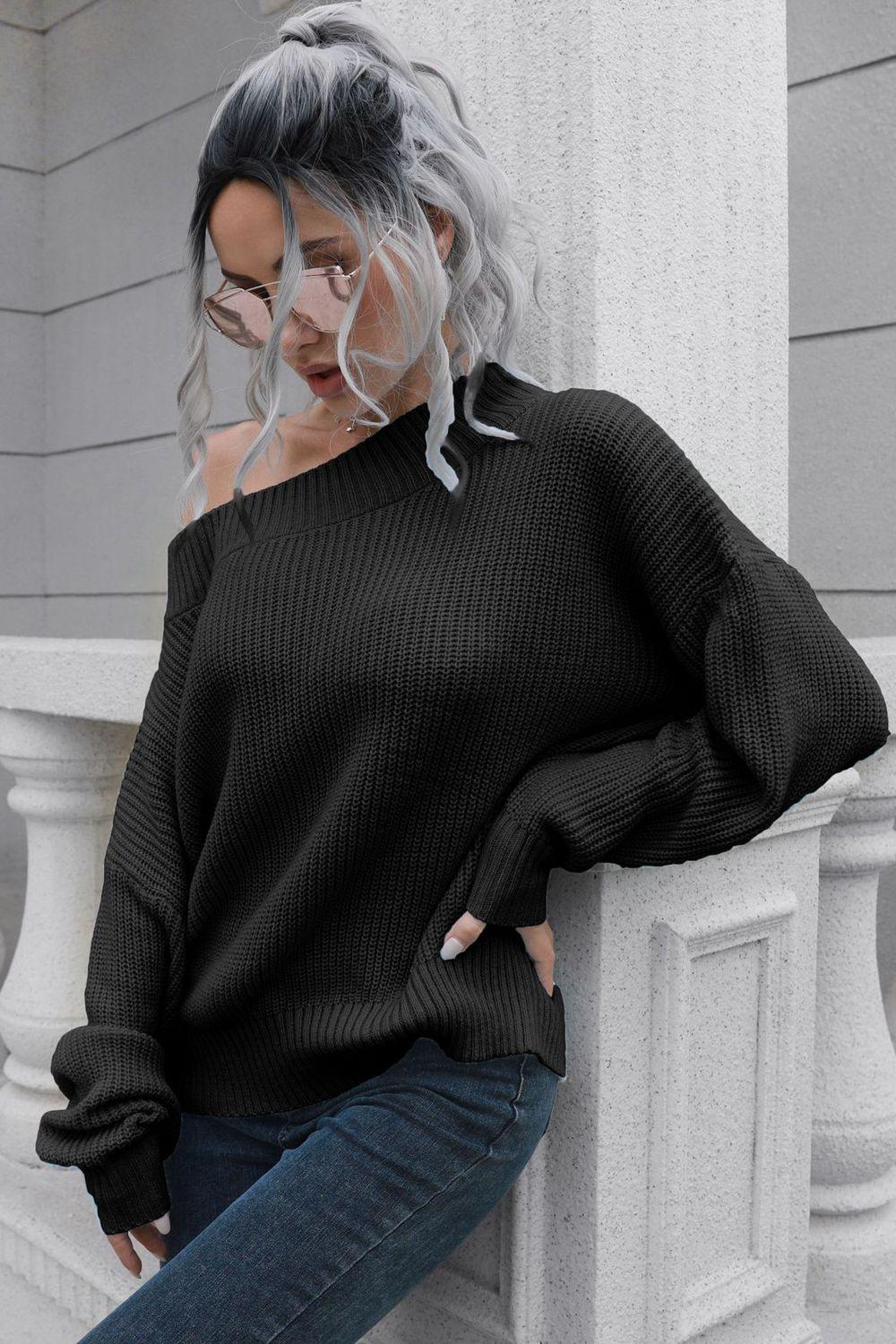 Off-Shoulder Ribbed Dropped Shoulders Sweater - Sweater