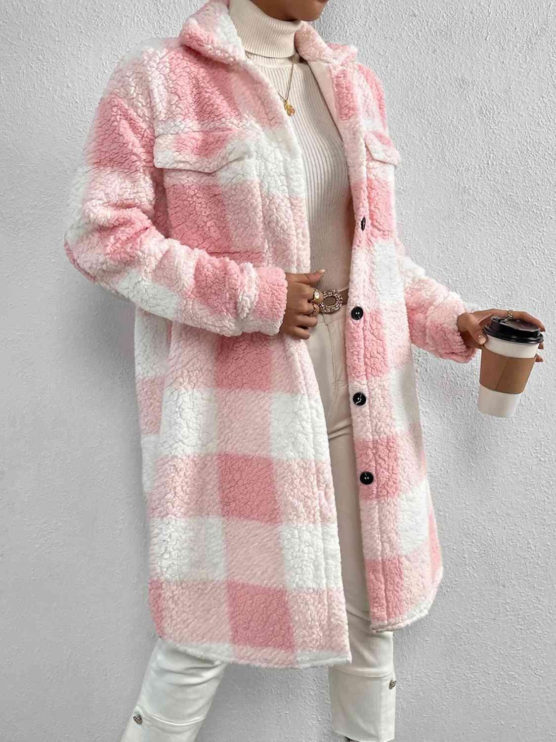 Plaid Button Down Fleece Coat - Coat