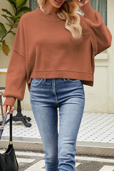 Round Neck Dropped Shoulder Crop Sweater - Sweater